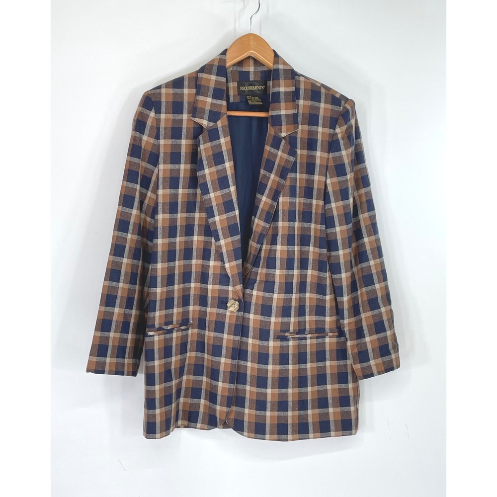 Requirements Women Blazer 8 Jacket Blue Brown Plaid Linen Blend Preppy Academic